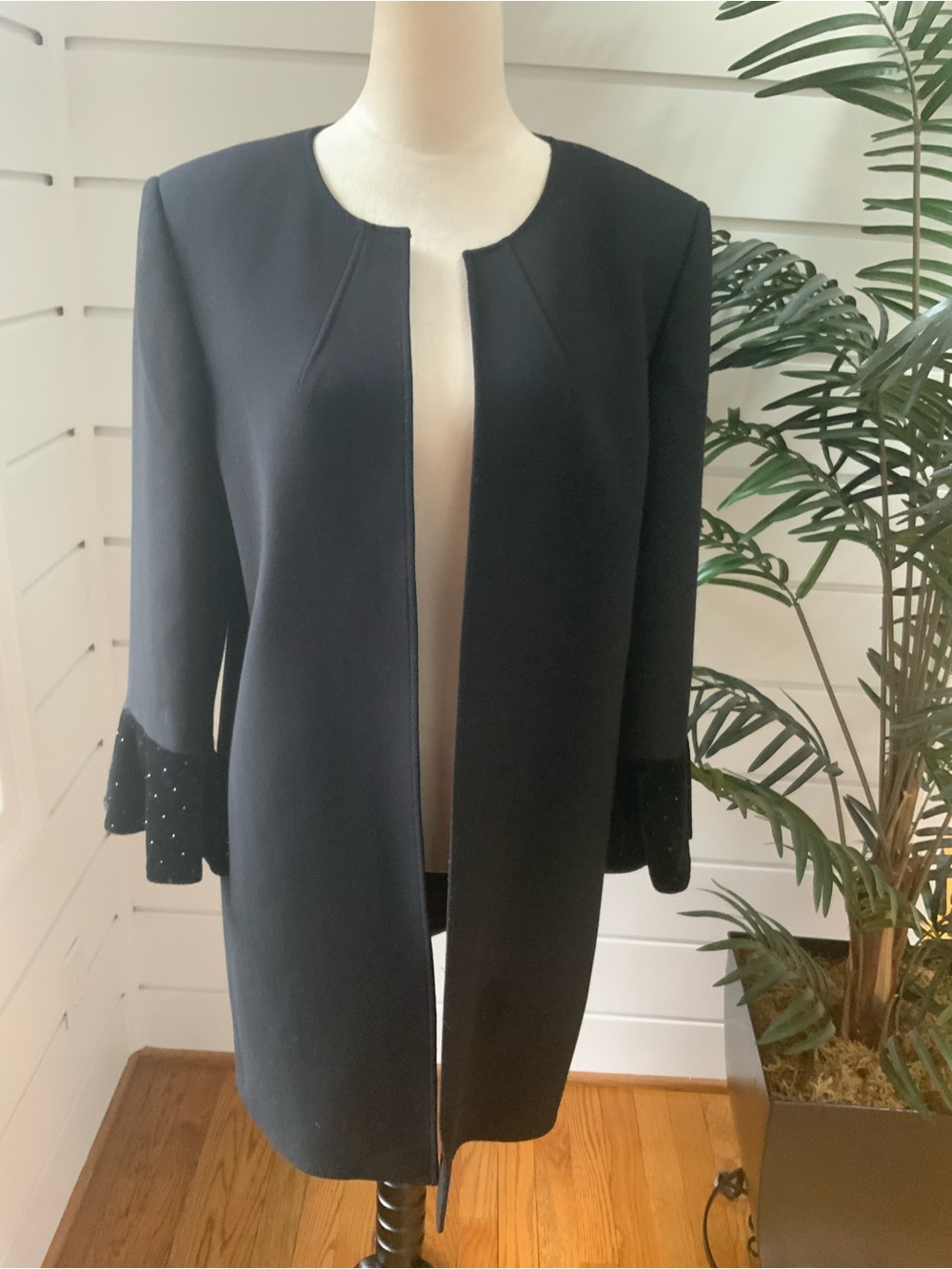 Tahari Women's Black Long Blazer with Embellished Ruffle Cuffs Size 14